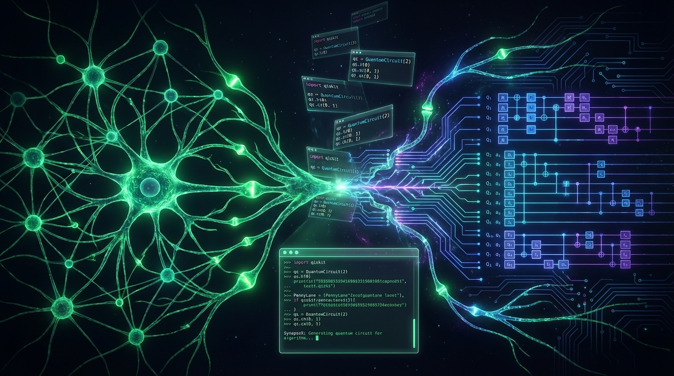 SynapseX AI assistant generating quantum code with specialized LLM fine-tuned for Qiskit and PennyLane development